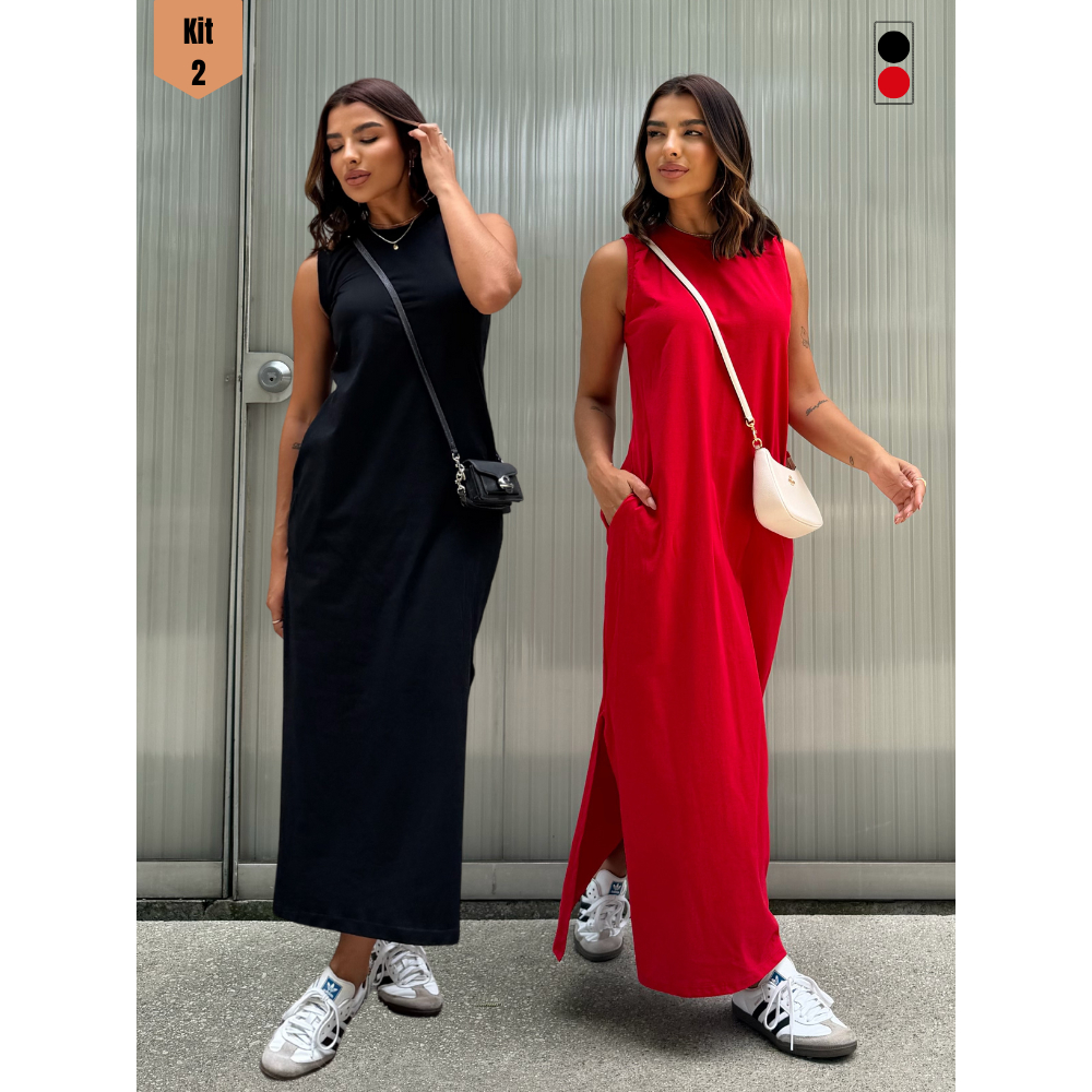 Kit 2 Vestidos Feminino Longo Soltinho Tendência Moda Blogueira Elegante Algodão