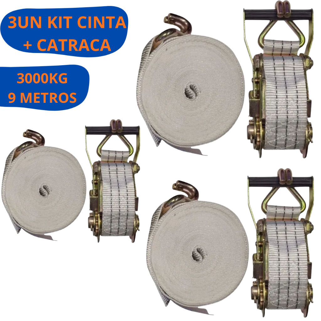 Kit 3 Cinta Catraca Amarrar Carga 3 TONELADAS 3000 KILOS 9 METROS CINTA Carreta Caminhao Amarração