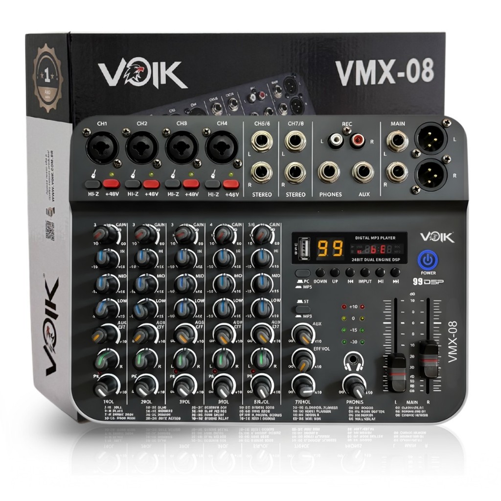 Mesa De Som 8 Canais Voik VMX-08 USB Bluetooth 99 Efeitos Interface de Áudio 48v Phantom Power HI-Z Bivolt 110v/220v