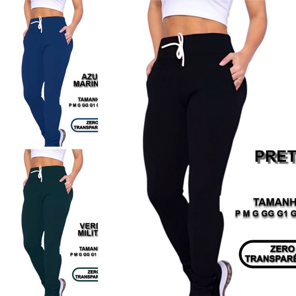 Kit 3 Pçs Calça Skinny Jogger Com Bolso Malha Crepe do P ao G4 Cintura Alta Feminina
