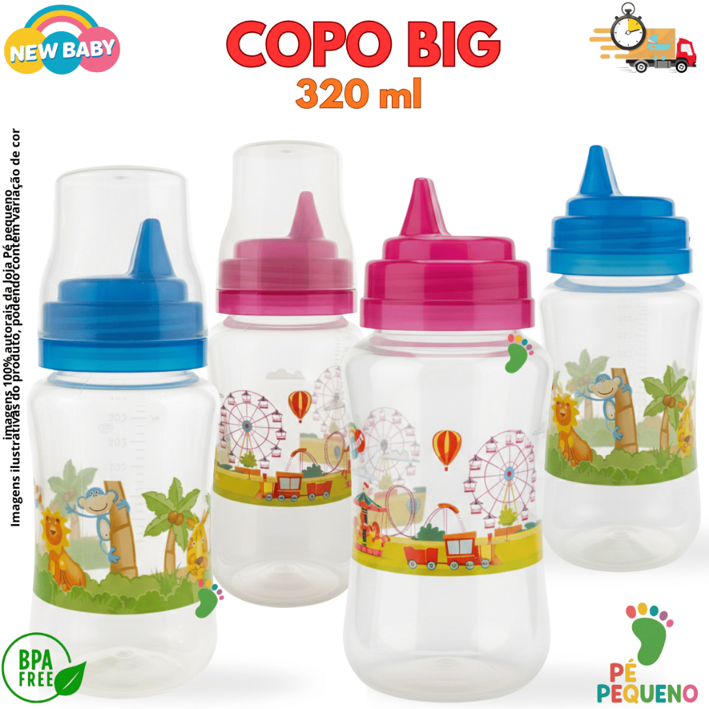 Copo Luxo Big 320ml Infantil New Baby Bico Rígido facilitando a Transição Mamadeira para o Copo uso Independente