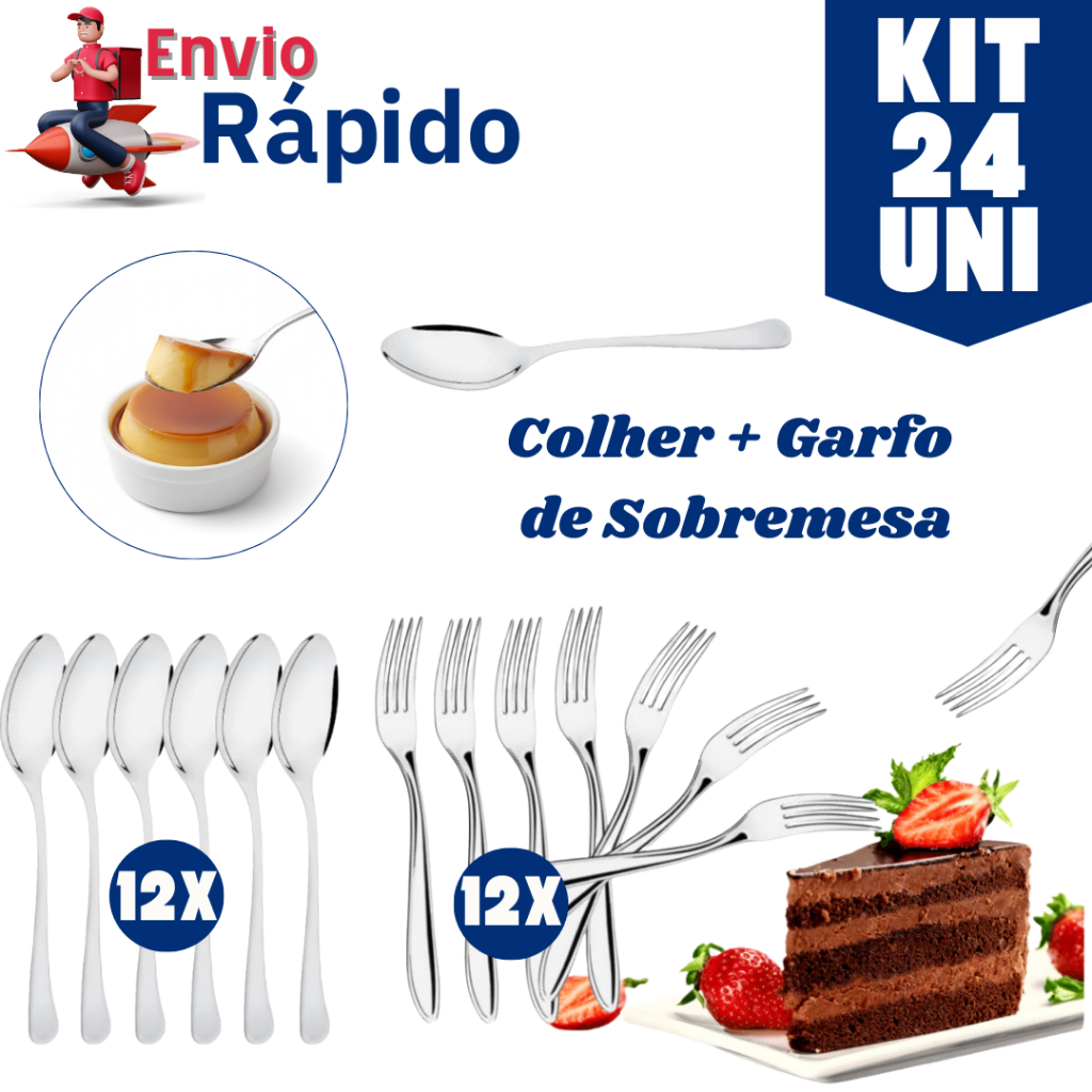 Conjunto  24/12 Unidades Talheres Aço Inox Garfo e Colher Sobremesa Doces Cozinha Variáveis Utilidades