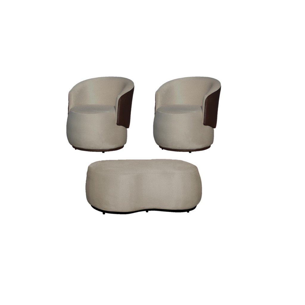 Kit 2 Poltronas + Puff Decorativa Beatriz Composê Couro Marrom Couro