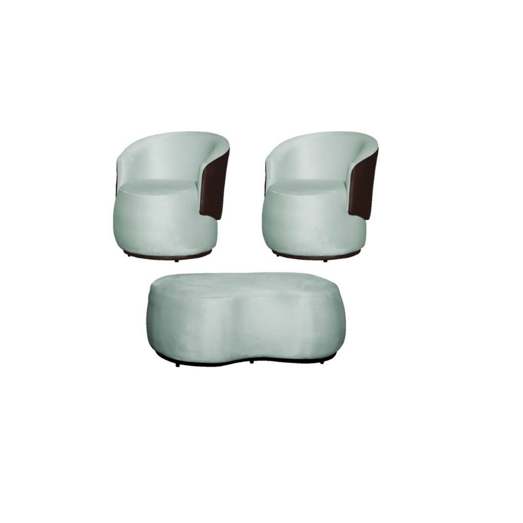 Kit 2 Poltronas + Puff Decorativa Beatriz Composê Couro Marrom Veludo