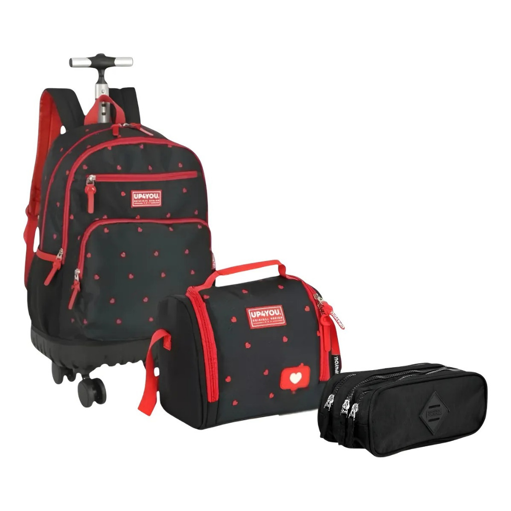 Kit Mochila Escolar Juvenil Up4you Coração 4 Rodinhas 360 G Preto Coração