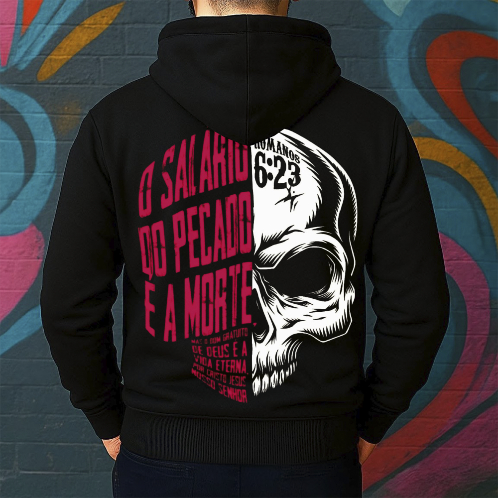 Blusa de Moletom Canguru Estampada Caveira Religiosa Masculina Confortável Do Tamanho P ao GG