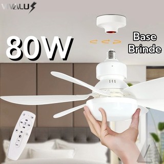 Ventilador Luminária Led 80W 6 Pás Lâmpada Soquete Bocal E27 52CM Teto 3 Cor Branco Preto Com Base