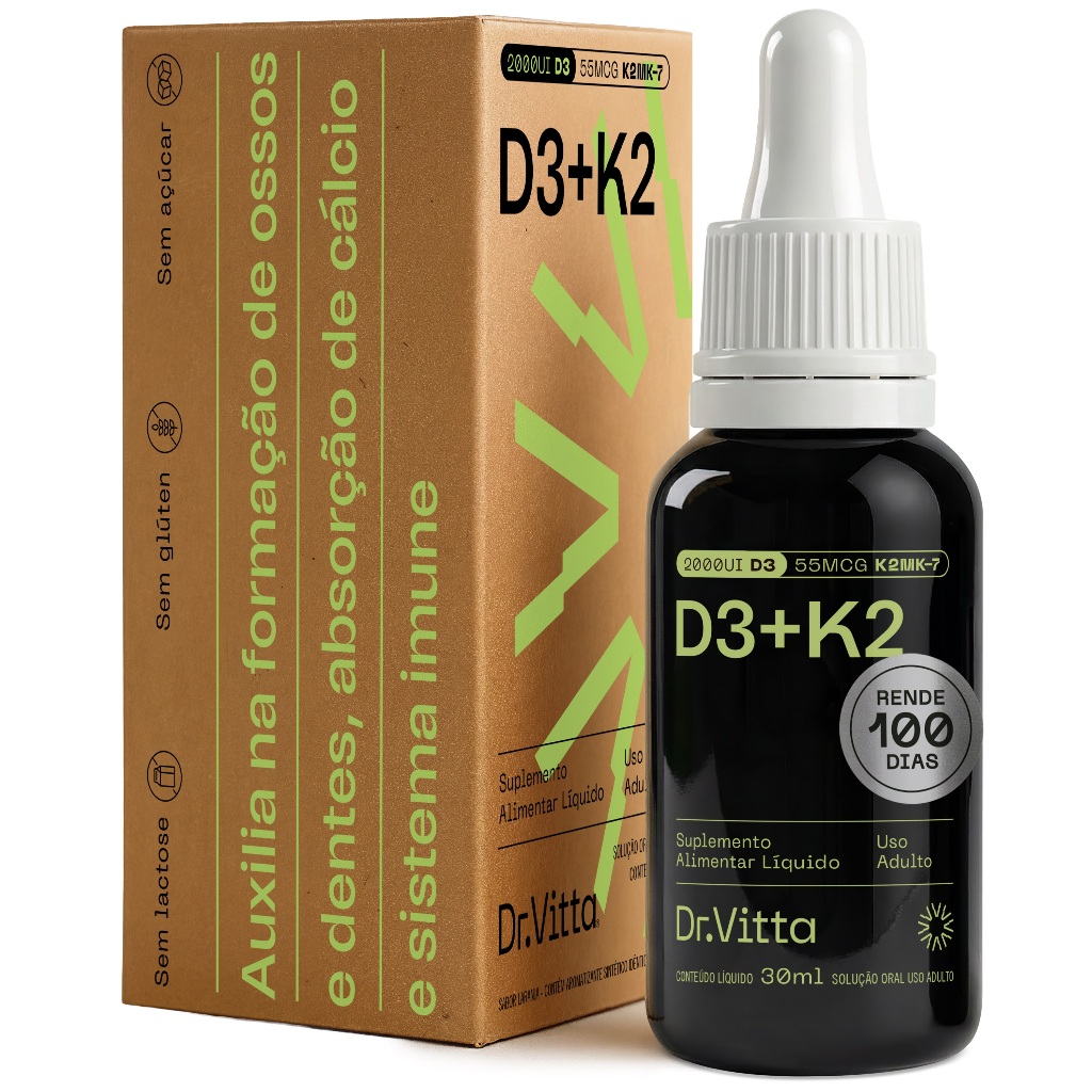 Vitamina D3 2000 UI + K2 MK-7 Vegano Dr. Vitta 30mL Gotas | Suplemento Ossos, Imunidade e Cálcio
