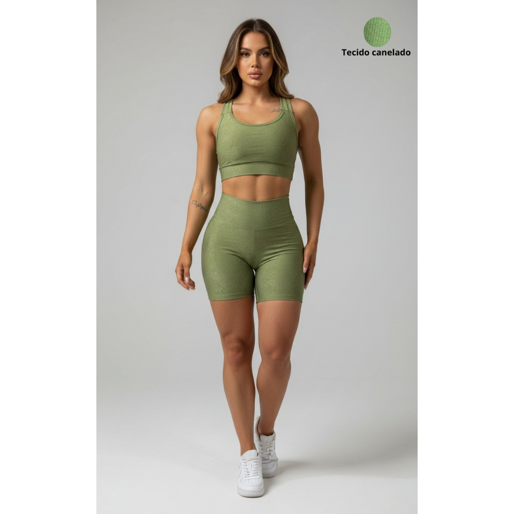 Conjunto Canelado Fitness Zero Transparência Top e Short Roupas Femininas De Academia Ginástica Suplex A12