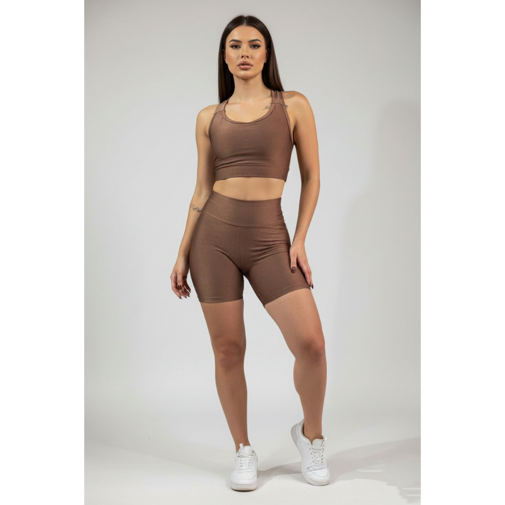 Conjunto Feminino Top e Short Tecido Canelado Brilho Roupas Femininas para Academia Ginástica Moda Fitness A12