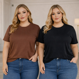 Kit 2 Camisetas T-shirt Feminina Face Oculta 100% Algodão Premium Gola Redonda Plus Size GG ao G5 Moda Maior Lisa Básica em Oferta na Shopee