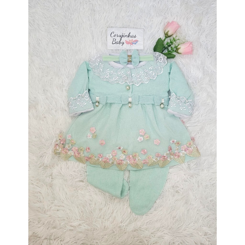 Vestido saída de maternidade verde renda bonita feminina em tricô peças para recém nascido menina