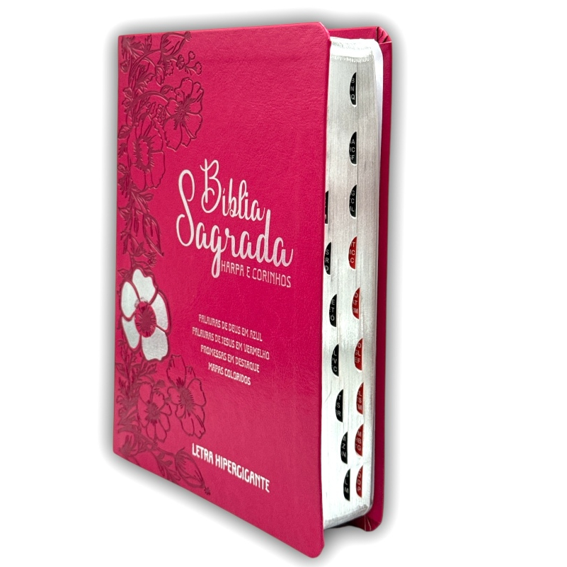 BÍBLIA L. HIPERGIGANTE ARC FULL COLOR PU LUXO C/ HARPA C/ ÍNDICE PRATEADA FLORAL DÁLIA PINK em Oferta na Shopee