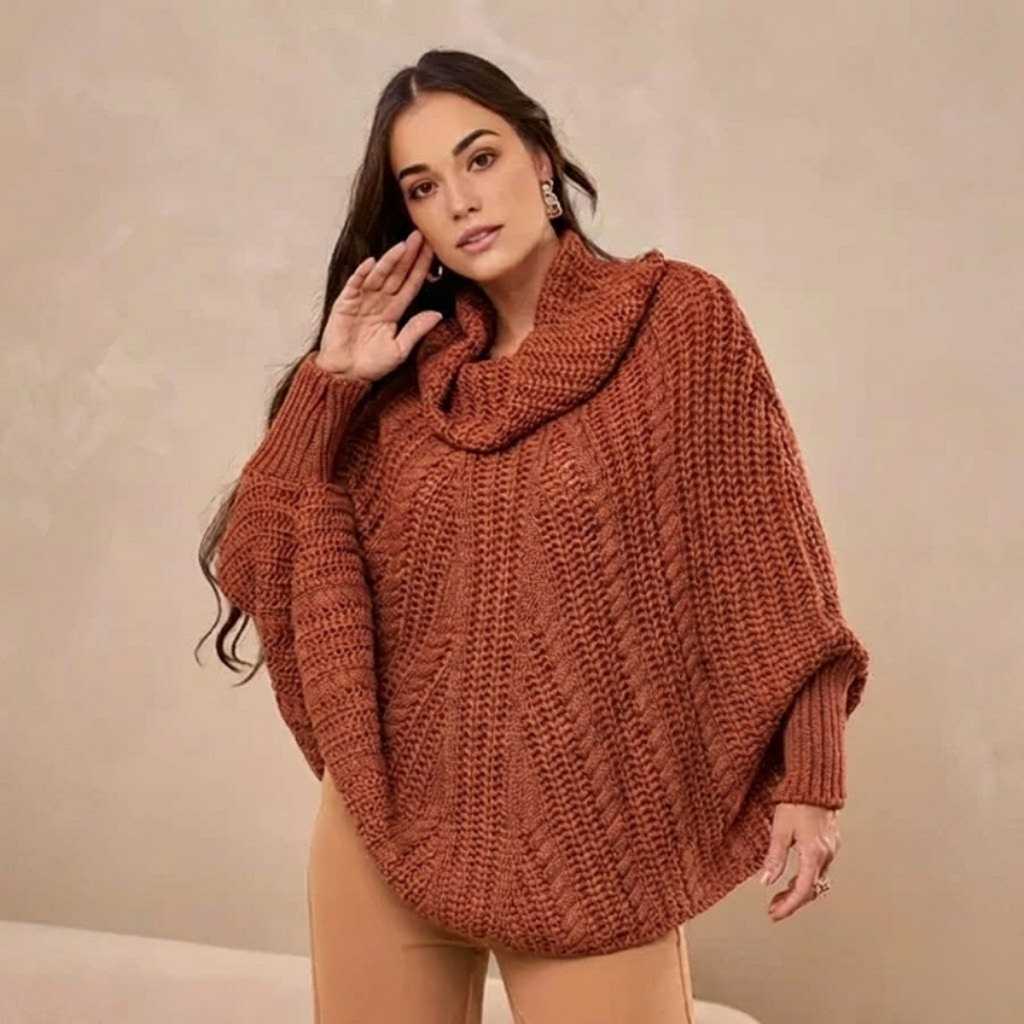 Poncho Tricot Gola Alta Feminino Tranças Elegante Outono Inverno Premium