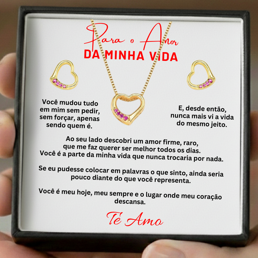 Presente para a Namorada - Conjunto Joia Banhada a Ouro 18K Coração Rosa Colar e Brinco