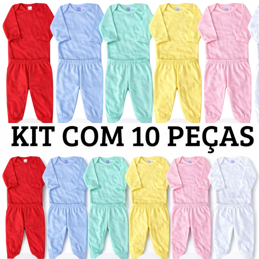 kit enxoval 10 peças combinando 100% algodão bebê menino e menina 5body e 5calça lisos.