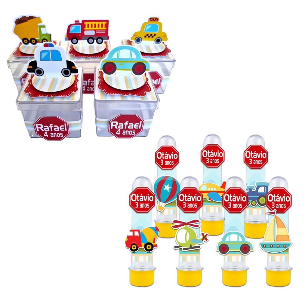 Kit de tubetes e caixa acrílica 3D Meio de transporte para Lembrancinha de Festa