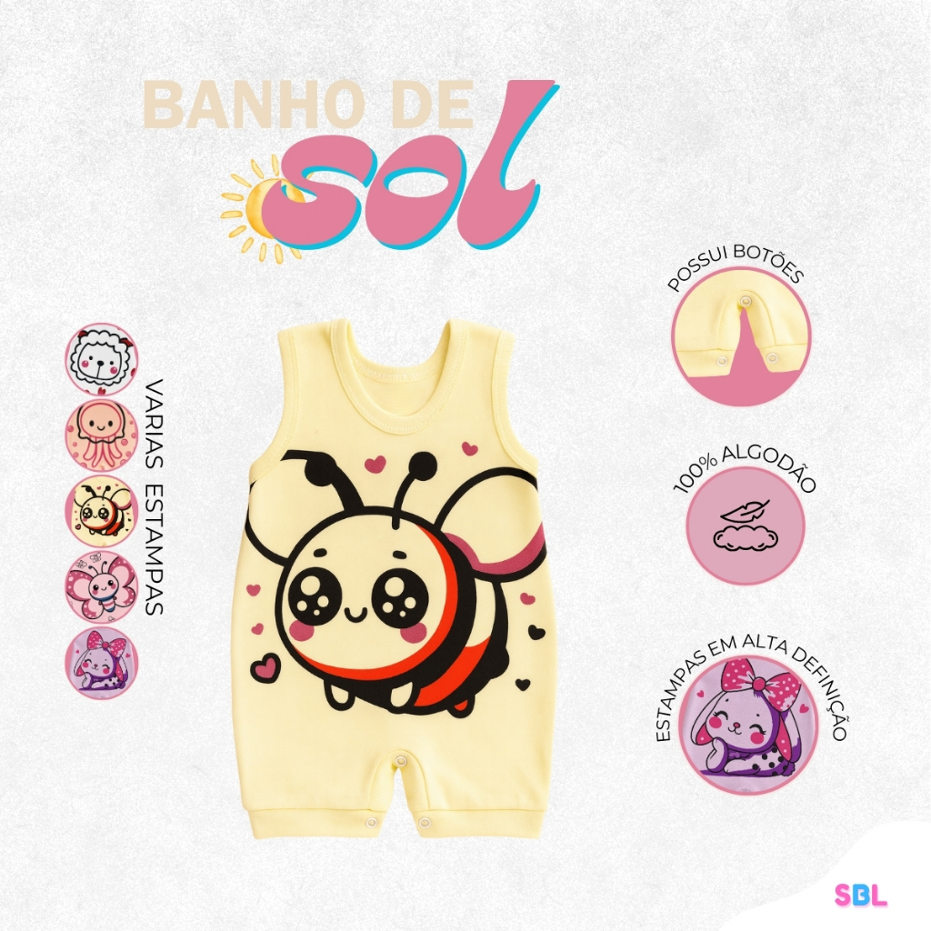 Kit 3 Banho de Sol para Bebê - Macacão Estampado Verão Menina e Menino 100% algodão Verão Bebê
