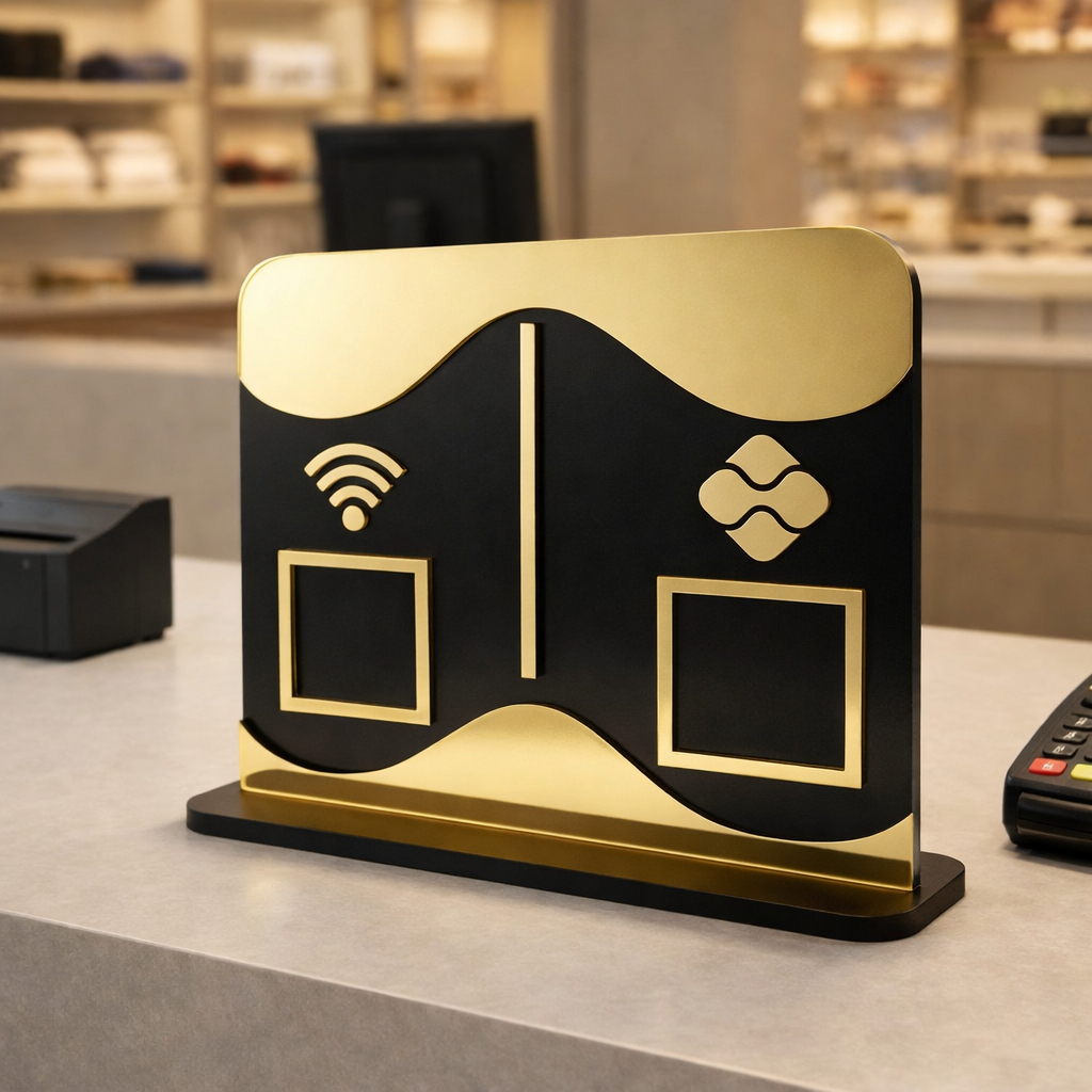 Placa PIX e WIFI em Acrílico  PRETO E DOURADO, QR CODE Display Mesa Lojas Comercio Salão Barbearia