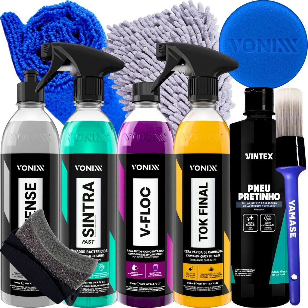 Kit Pneu Pretinho Vintex Cera Líquida Tok Final Shampoo V-Floc Intense Revitalizador de Plásticos Sintra Fast Vonixx