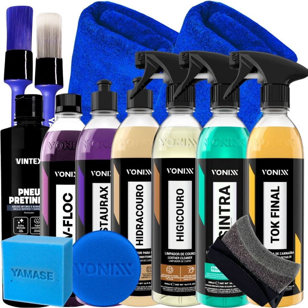 Kit Completo Vonixx para Lavagem Automotiva Cera Tok Final Sintra V-Floc Restaurax Higicouro Hidracouro Pneu Pretinho