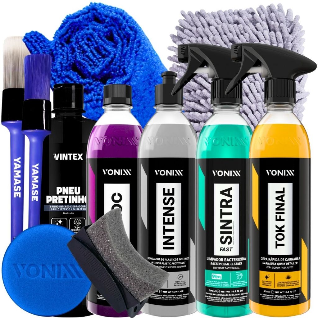 Kit Completo Limpeza Automotiva Estética Shampoo V-Floc Pneu Pretinho Pneus Cera Carnaúba Tok Final Vonixx 500ml