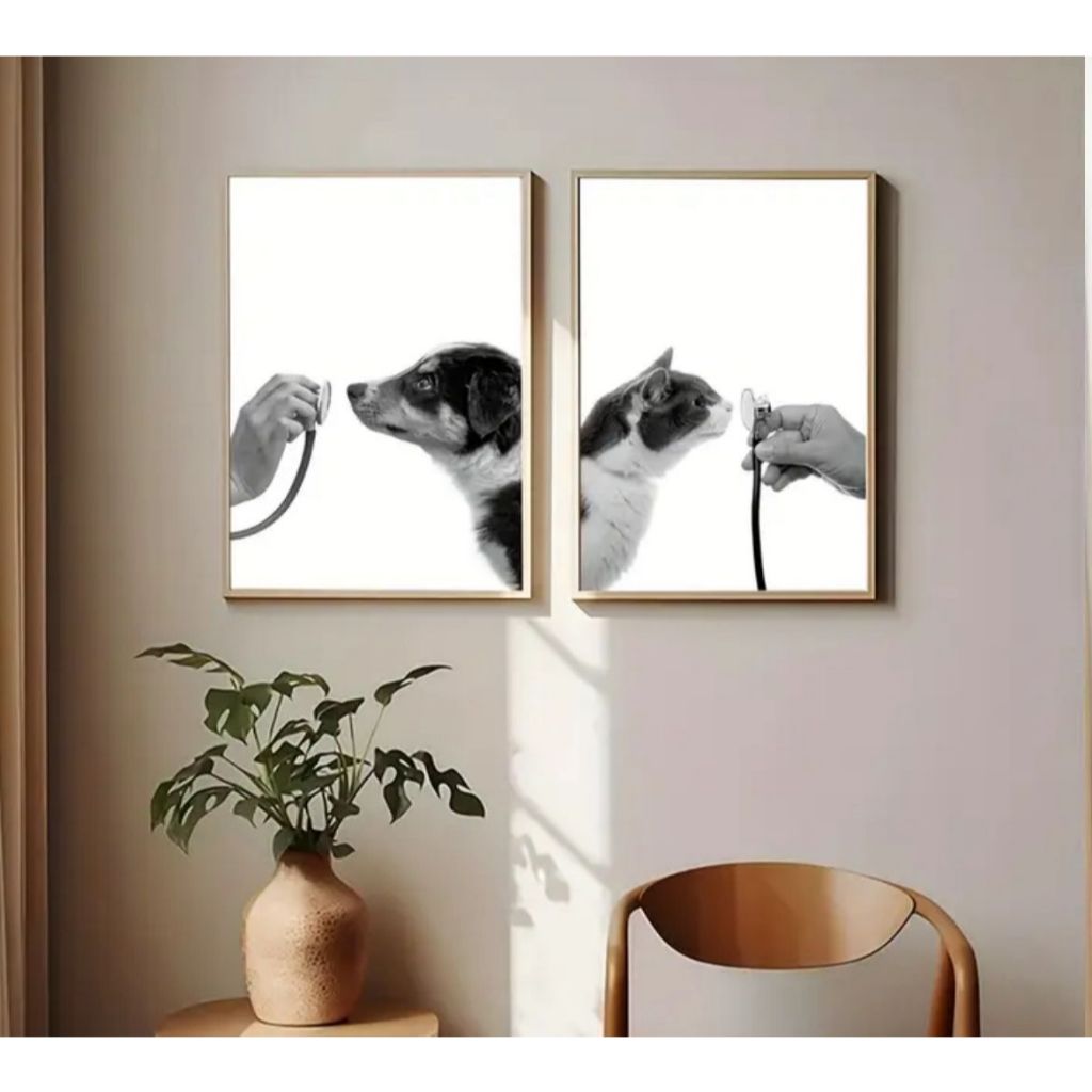 Kit 2 Peças Quadro Decorativo Cachorro e Gato Para Pet Shop ou Veterinárias Decoração Gato Cachorro