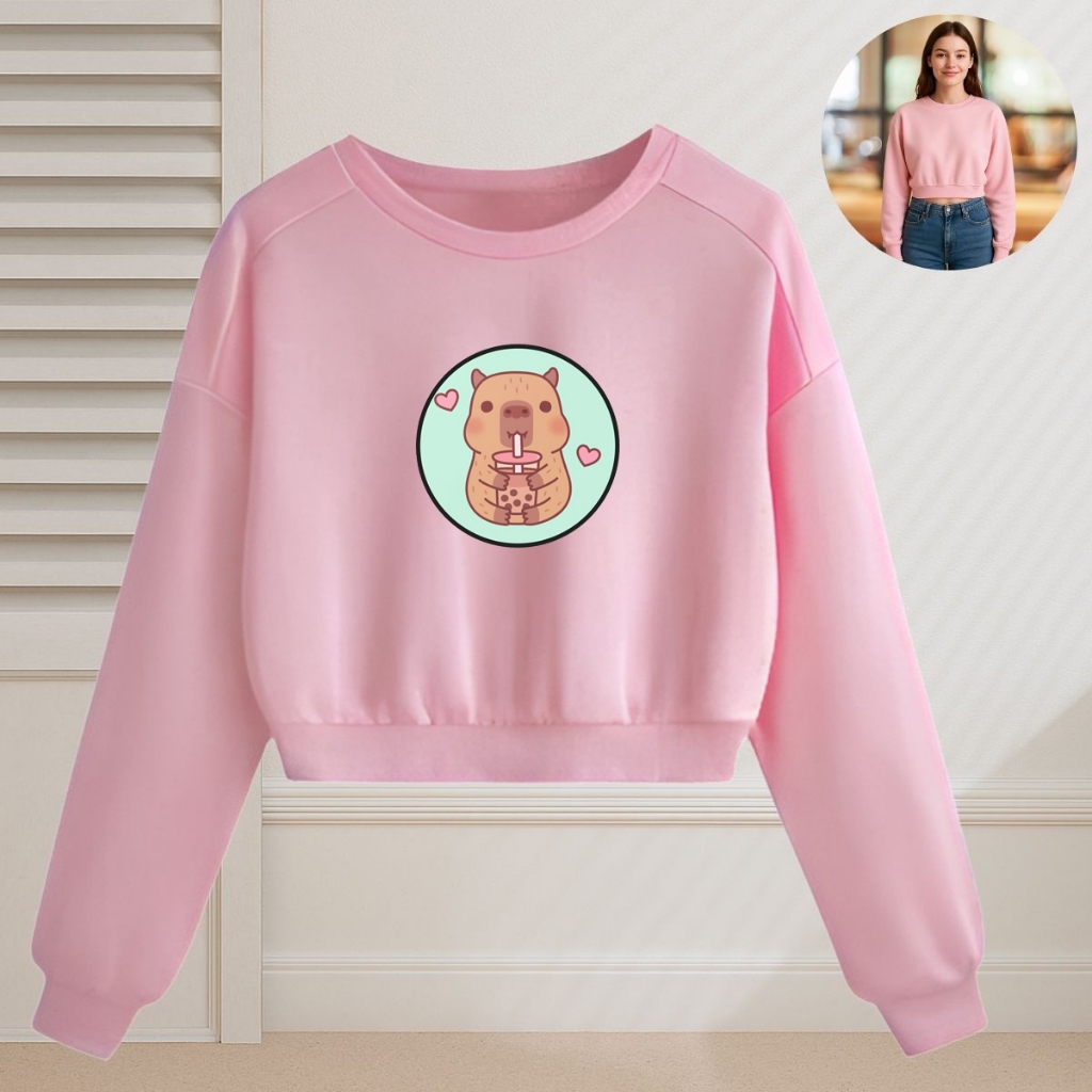 Moletom Cropped Feminino Básico Casual Blusa de Frio Capivara Tomando Suco