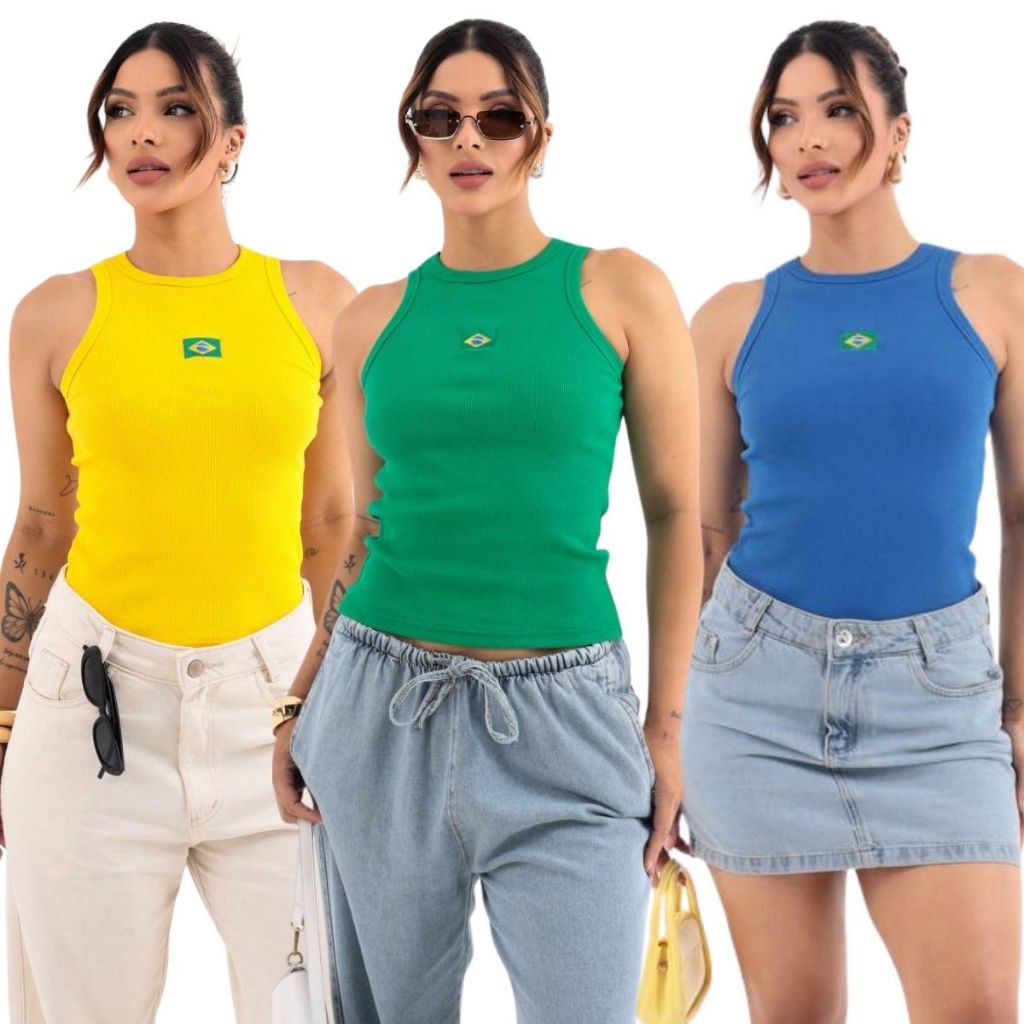 Kit 3 Regata Brasil Ribana Brasil Bordada BabyLook Feminina