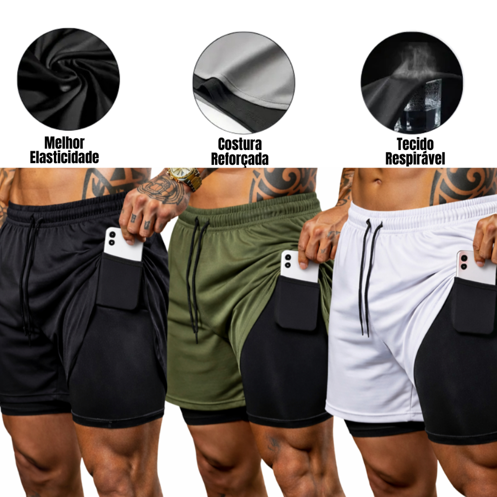 Shorts Masculino 2 em 1 Dry Fit Academia com Bolso – Compressão, Secagem Rápida, Treino e Corrida