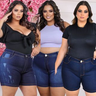 KIT 3 BERMUDA JEANS MEIA COXA PLUS SIZE MODA GORDINHA CINTURA ALTA KIT VARIADOS SURPRESA em Oferta na Shopee