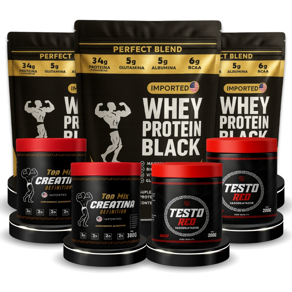 KIT 3x Whey Protein 1kg (3kg) + 2x Creatina 300g + 2x Testos Força, Resistência Disposição
