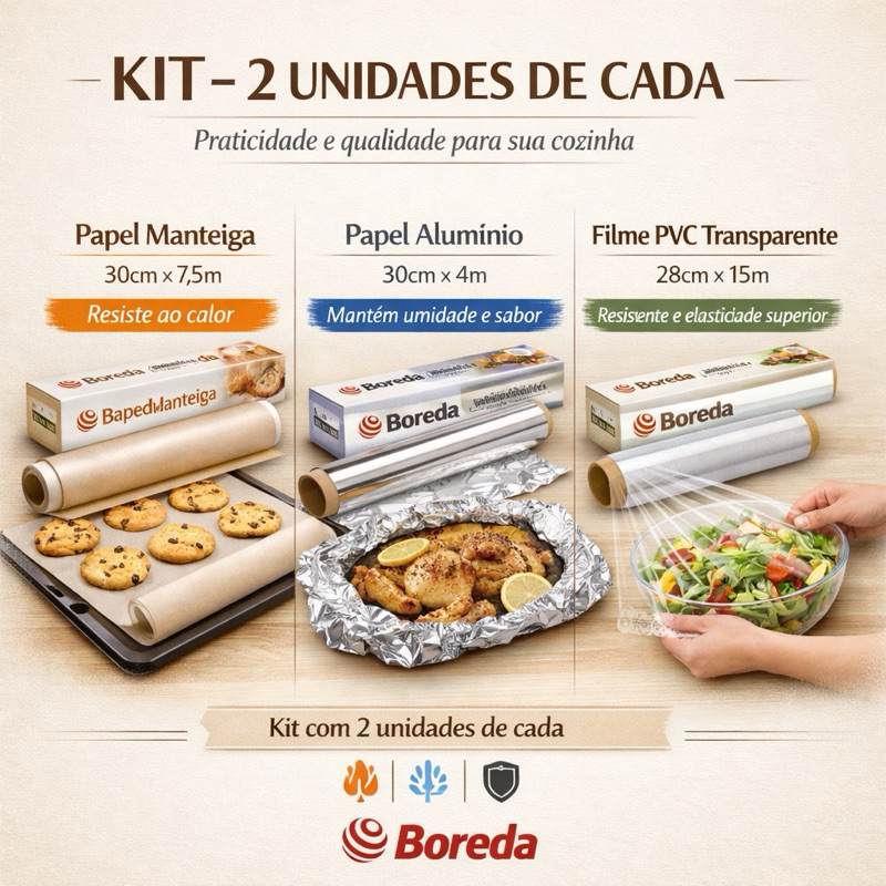 Kit Cozinha Completa Boreda| Papel Alumínio| Papel Manteiga| Filme PVC Transparente| Cozinha| Travessa| Assar| Armazenar