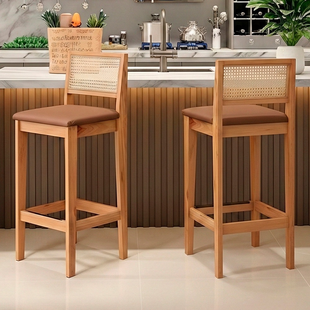 Kit 02 Banquetas Altas Brunella 99cm com Encosto Telinha Estilo Palha Corino