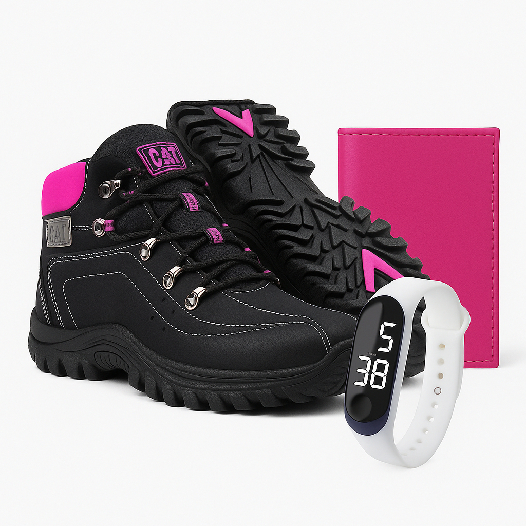 Bota Feminina Caterpillar Em Lona + Chaveiro Rosa