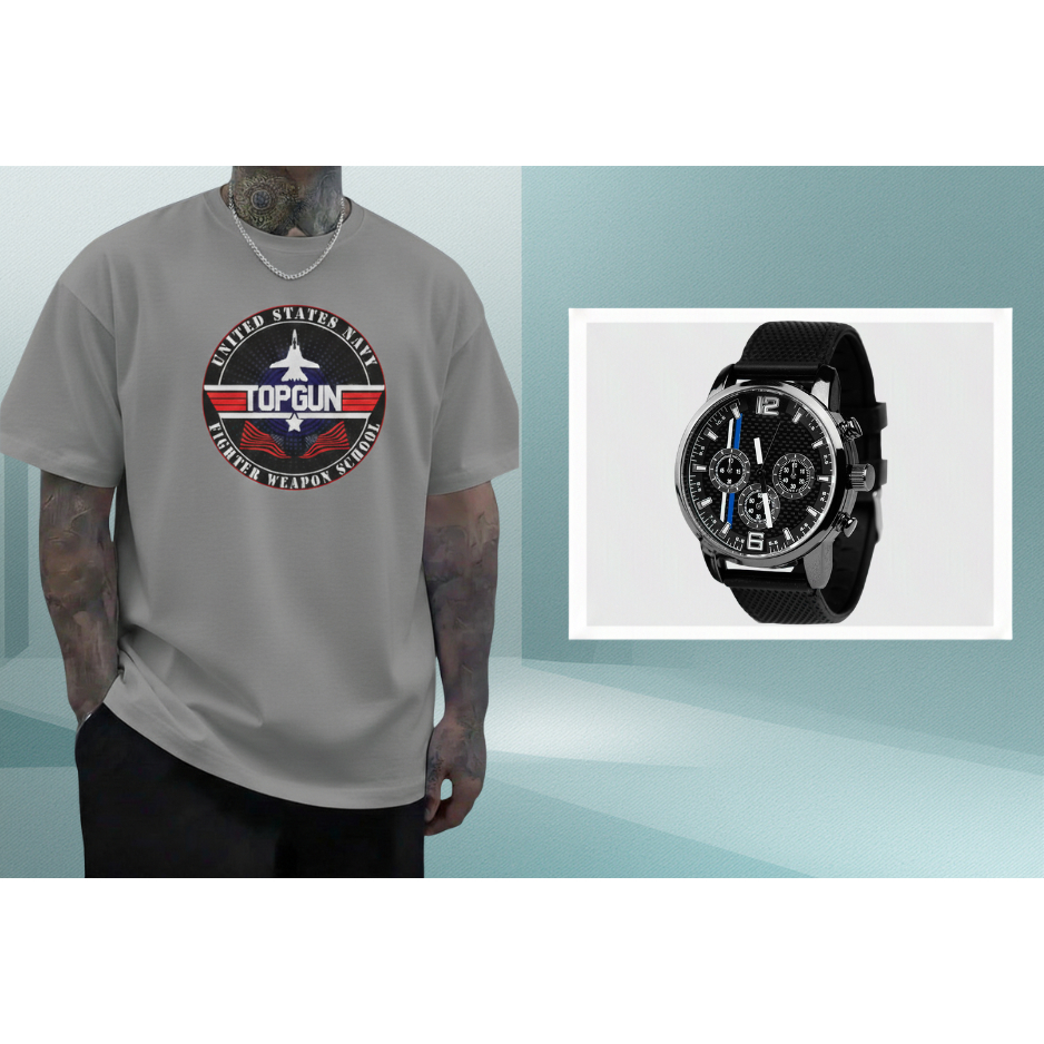 Kit Camisa Top Gun T-shirt 100% Algodão + Relogio Casual Social Analógico Ótimo Presente Envio Imediato