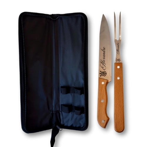 Kit Churrasco Personalizado a Laser com Garfo + Faca + Estojo