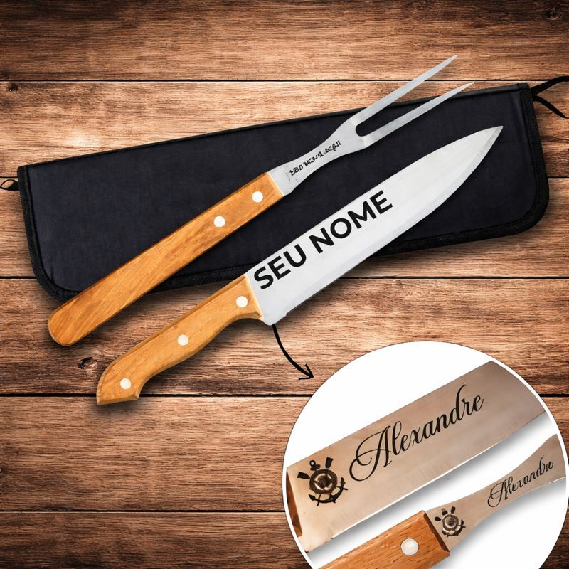 Kit Churrasco Personalizado a Laser com Garfo + Faca + Estojo em Oferta na Shopee