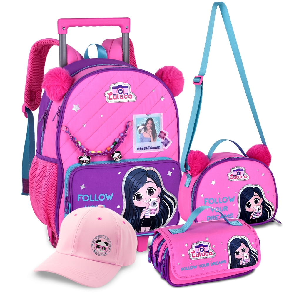 Kit Mochila Estojo Lancheira Infantil Rodinhas Luluca Youtuber Meninas Pandinhas Coleção Nova