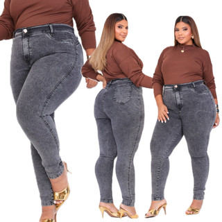 Calça Jeans Feminino Plus Size Marmorizada Cintura Alta Modelagem Levanta Bumbum Com Lycr…