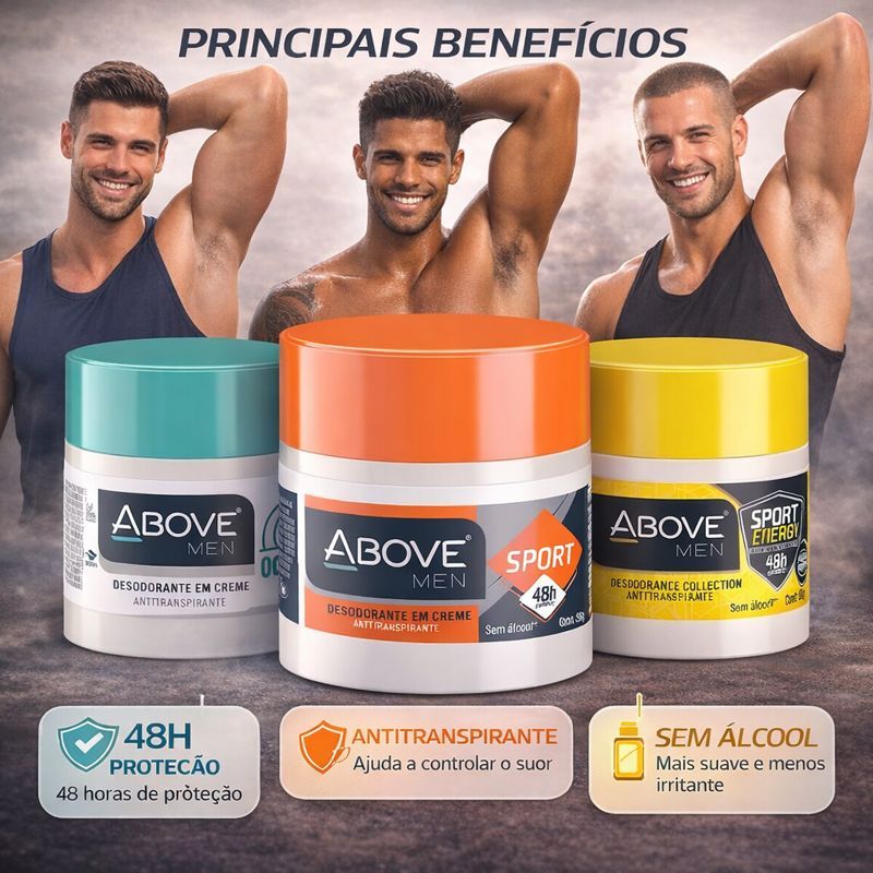 Kit 3 Above Men Desodorante em Creme Antitranspirante 48h 50g Treino Academia Corrida Esportes Lazer