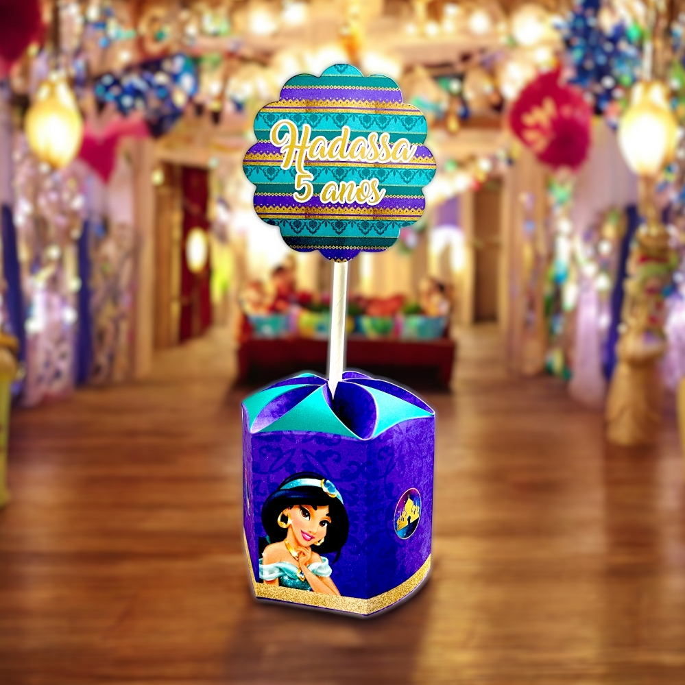 Centro de Mesa Princesa Jasmine Com Nome e Idade Personalizado Para Festa Lembrancinha