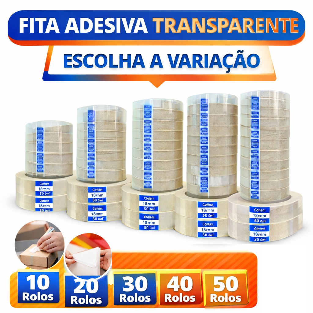kit Com 50 Fitas Adeiva 18x50 Metros Transparente