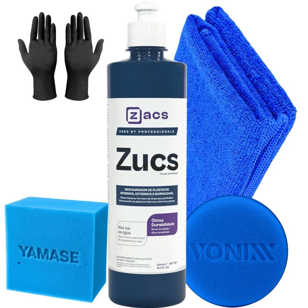 Zucs Restaurador de Borrachas e Plástico Interno Externo + Aplicador Pequeno Zacs + Pano Microfibra em Oferta na Shopee
