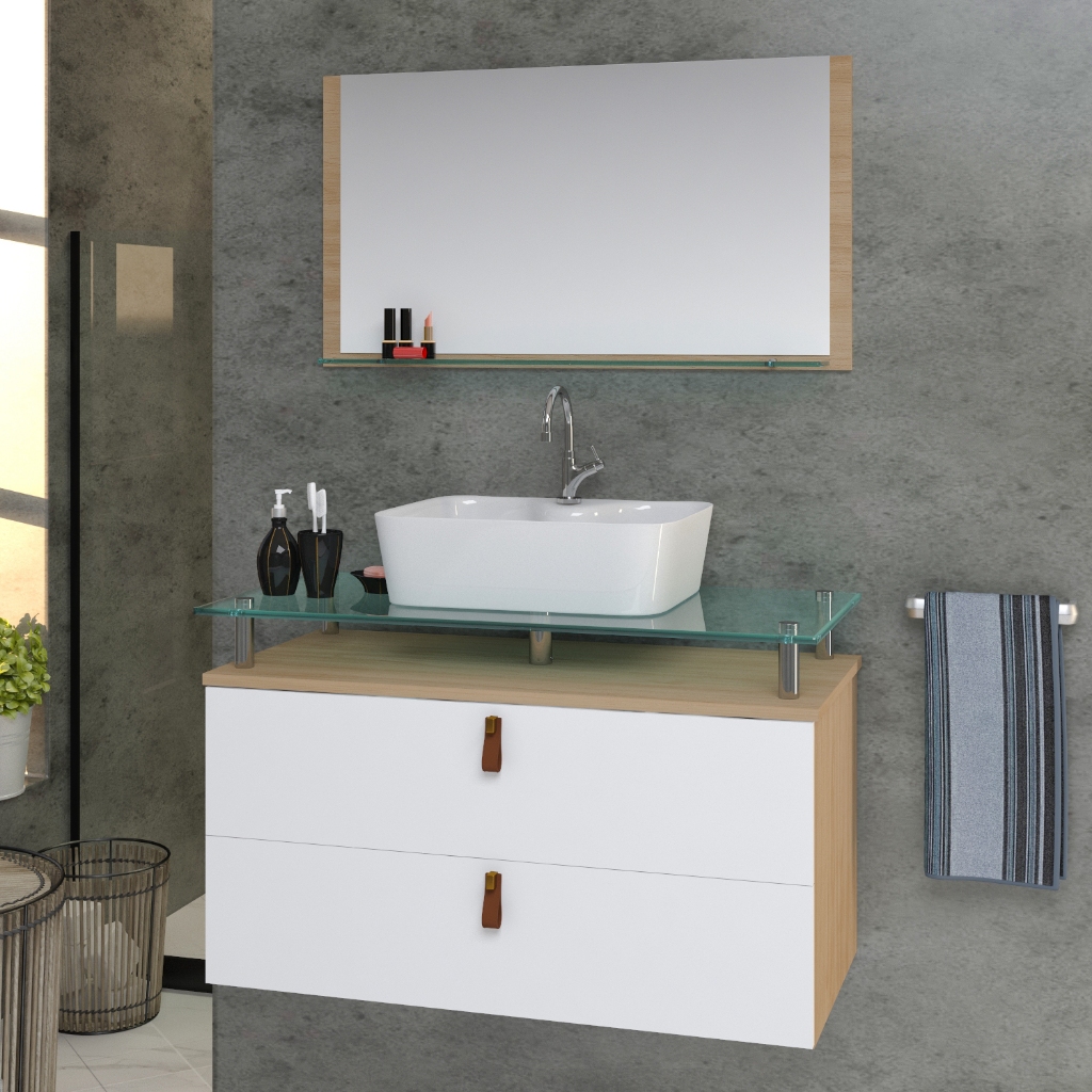 Conjunto Gabinete Banheiro Toquio 80cm MDF + Espelheira + Cuba + tampo de vidro temperado em Oferta na Shopee