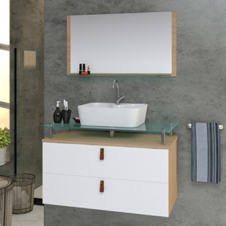 Conjunto Gabinete Banheiro Toquio 80cm MDF + Espelheira + Cuba + tampo de vidro temperado em Oferta na Shopee