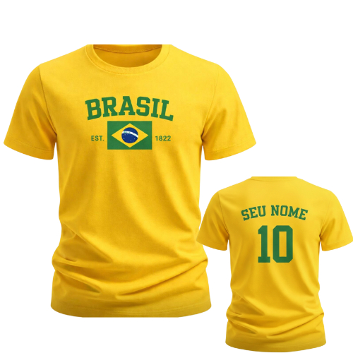 Camiseta Brasil Copa HEXA Blusa Amarelo Algodão Personalizada Nome e Numero Manga curta Confortavél