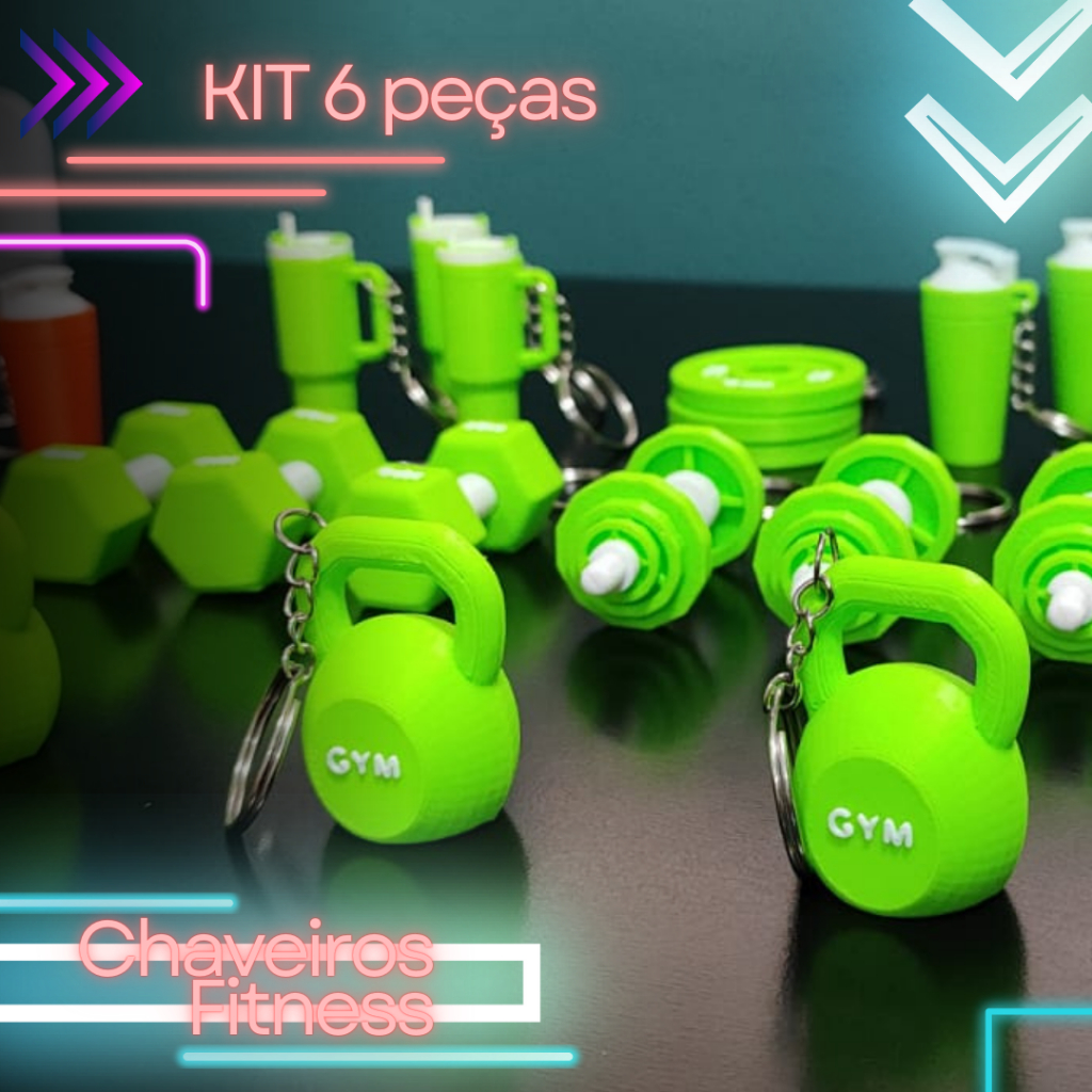 Kit Chaveiros Fitness – 6 Unidades | Kettlebell, Anilha, Peso, Barra, Squeeze e Garrafa Térmica ST em Oferta na Shopee