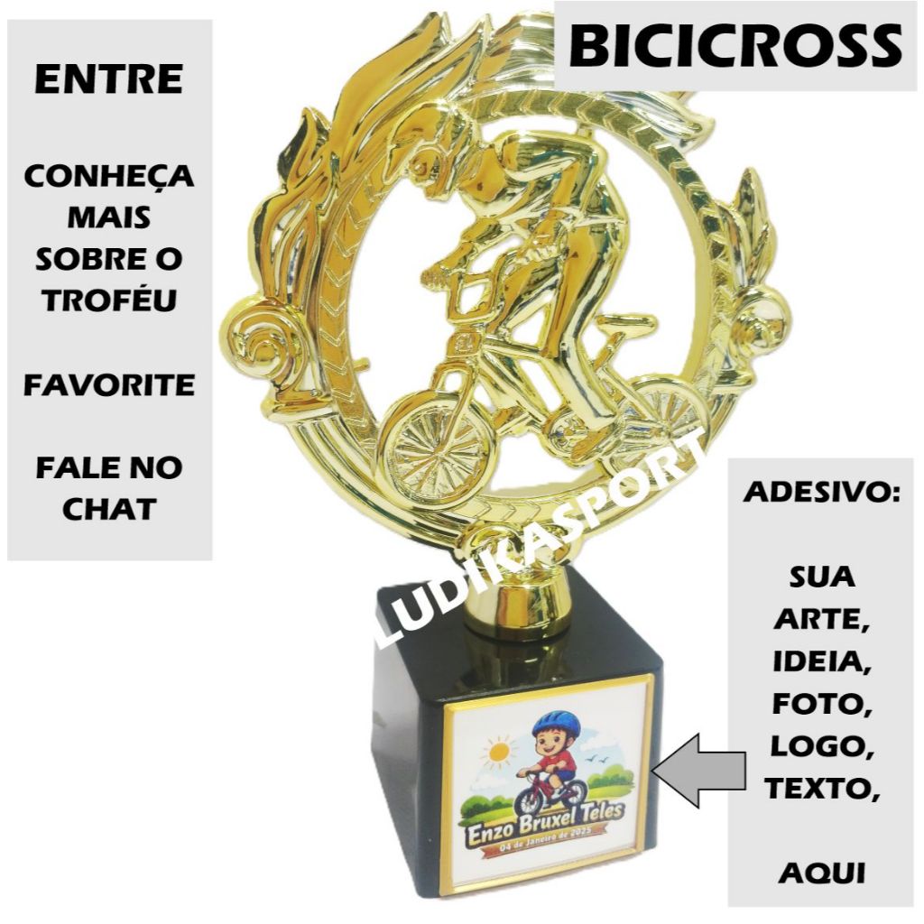 Troféu Bicicross Ouro 19cm BL1 {Personalizo} Ciclismo BMX Freestyle Racing Street Ramp Vertical