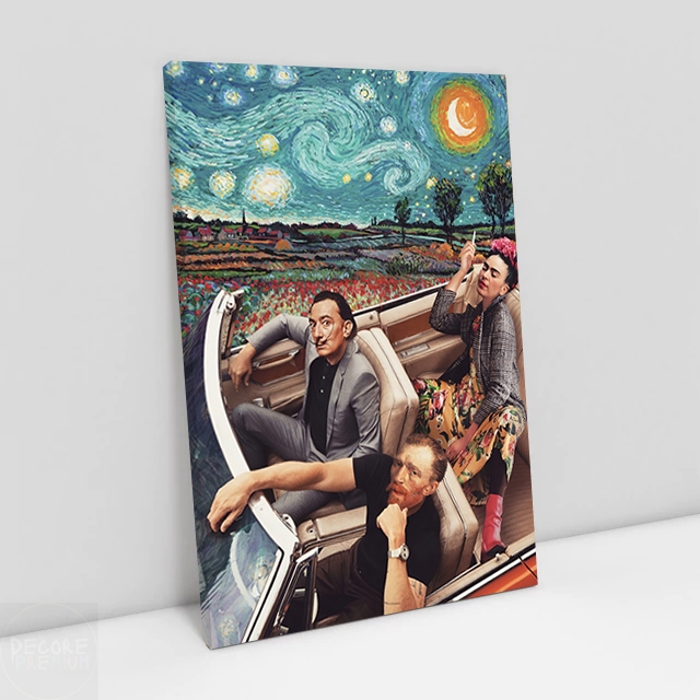 Quadro Decorativo Salvador Dali Frida Khalo e Van Gogh No Carro Canvas Moldura
